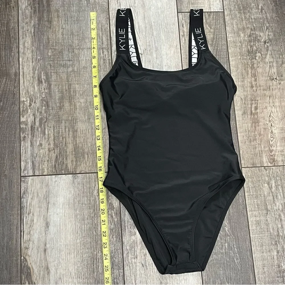 Kendall & Kylie One-Piece Swimsuit Black With Logo Brand on White Band Straps M